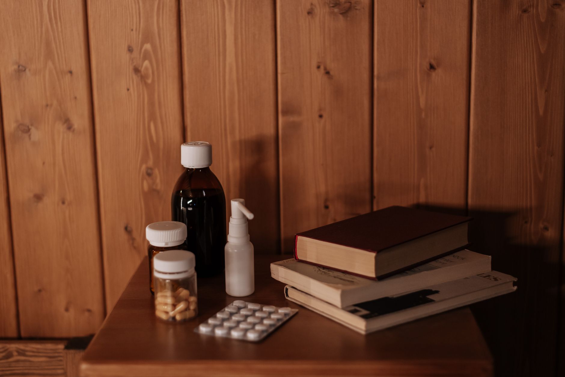Medications organised at a patient bedside for end-of-life symptom management