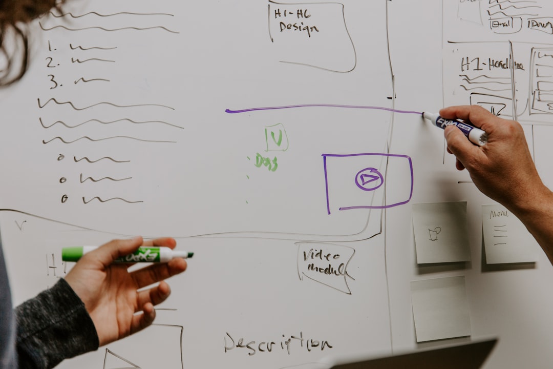 Two people mapping a process and its stages on a whiteboard